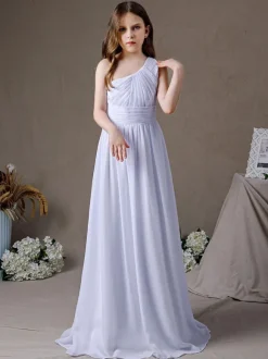 White Flower Girl Dress Chiffon Pleated One-Shoulder Sleeveless Kids Birthday Party Dresses