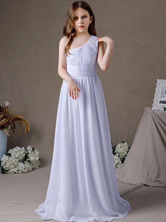 White Flower Girl Dress Chiffon Pleated One-Shoulder Sleeveless Kids Birthday Party Dresses