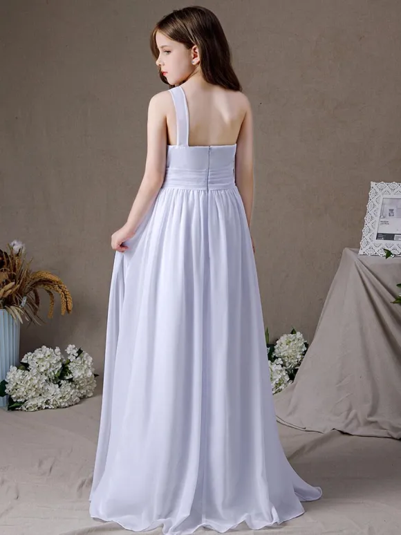 White Flower Girl Dress Chiffon Pleated One-Shoulder Sleeveless Kids Birthday Party Dresses