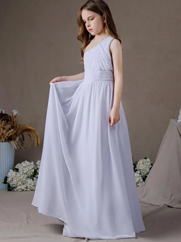 White Flower Girl Dress Chiffon Pleated One-Shoulder Sleeveless Kids Birthday Party Dresses