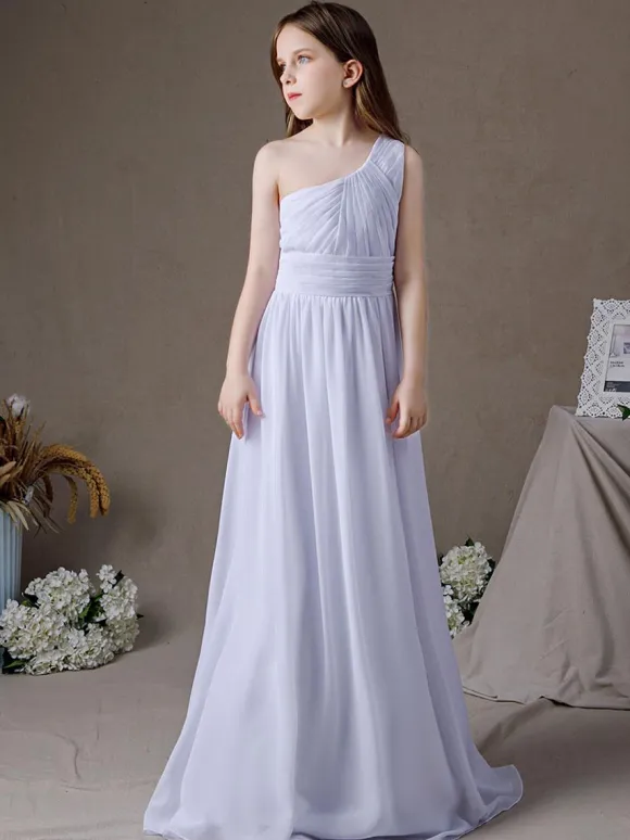 White Flower Girl Dress Chiffon Pleated One-Shoulder Sleeveless Kids Birthday Party Dresses