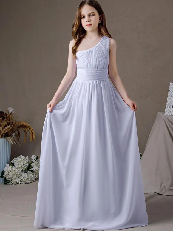 White Flower Girl Dress Chiffon Pleated One-Shoulder Sleeveless Kids Birthday Party Dresses