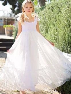 White Flower Girl Dresses Jewel Neck Lace Sleeveless Ankle-Length A-Line Bows Kids Party Dresses