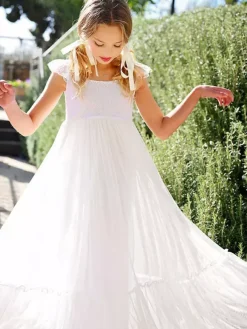 White Flower Girl Dresses Jewel Neck Lace Sleeveless Ankle-Length A-Line Bows Kids Party Dresses
