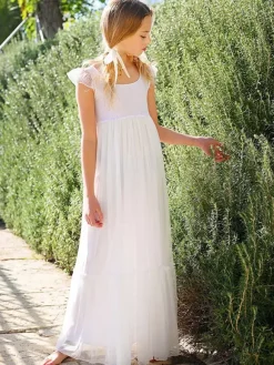 White Flower Girl Dresses Jewel Neck Lace Sleeveless Ankle-Length A-Line Bows Kids Party Dresses