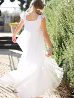 White Flower Girl Dresses Jewel Neck Lace Sleeveless Ankle-Length A-Line Bows Kids Party Dresses