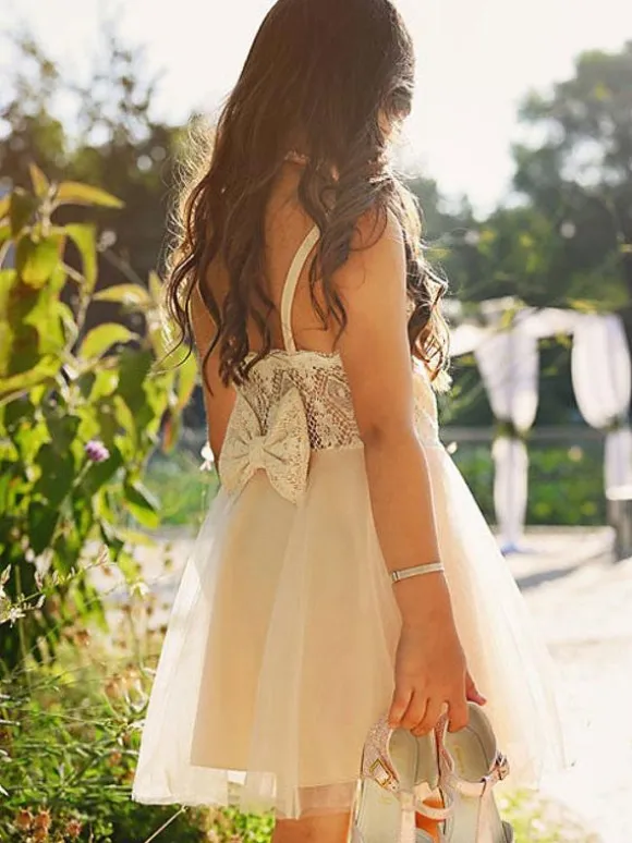 White Flower Girl Dresses Jewel Neck Tulle Sleeveless Short A-Line Bows Kids Party Dresses