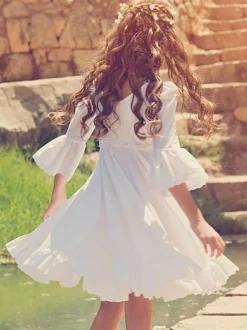 White Flower Girl Dresses V-Neck Long Sleeves Formal Kids Pageant Dresses Free Customization