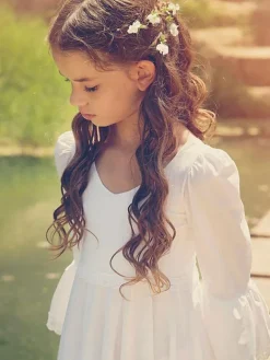 White Flower Girl Dresses V-Neck Long Sleeves Formal Kids Pageant Dresses Free Customization