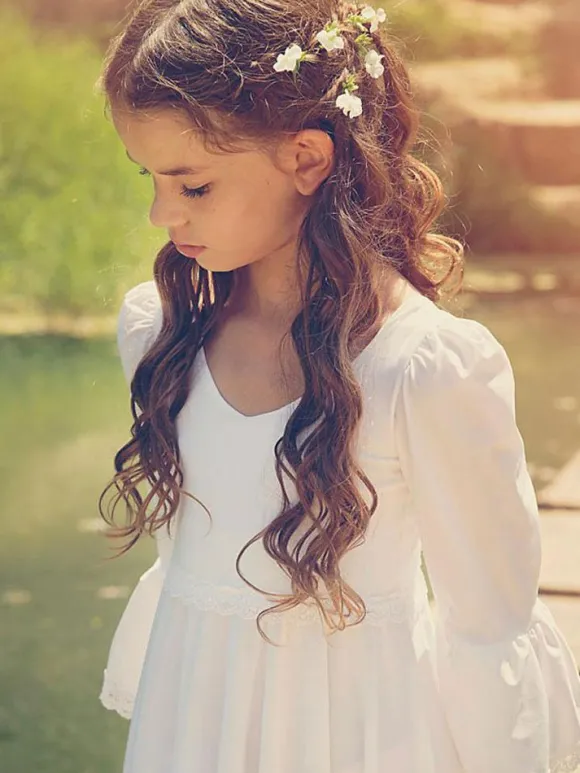 White Flower Girl Dresses V-Neck Long Sleeves Formal Kids Pageant Dresses Free Customization