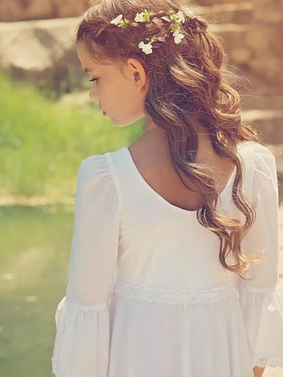 White Flower Girl Dresses V-Neck Long Sleeves Formal Kids Pageant Dresses Free Customization