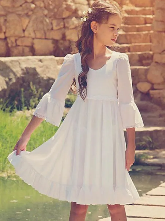 White Flower Girl Dresses V-Neck Long Sleeves Formal Kids Pageant Dresses Free Customization