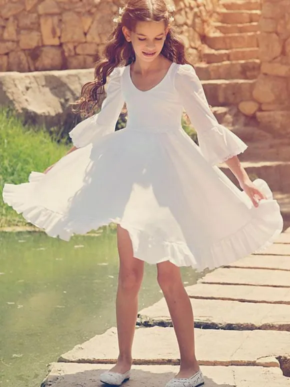 White Flower Girl Dresses V-Neck Long Sleeves Formal Kids Pageant Dresses Free Customization