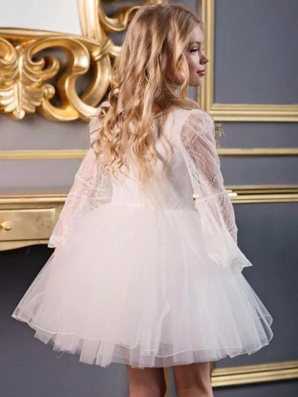 White Flower Girl Dresses V-Neck Long Sleeves Kids Social Party Dresses