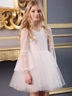 White Flower Girl Dresses V-Neck Long Sleeves Kids Social Party Dresses