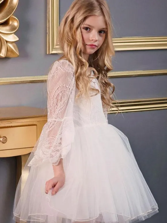 White Flower Girl Dresses V-Neck Long Sleeves Kids Social Party Dresses