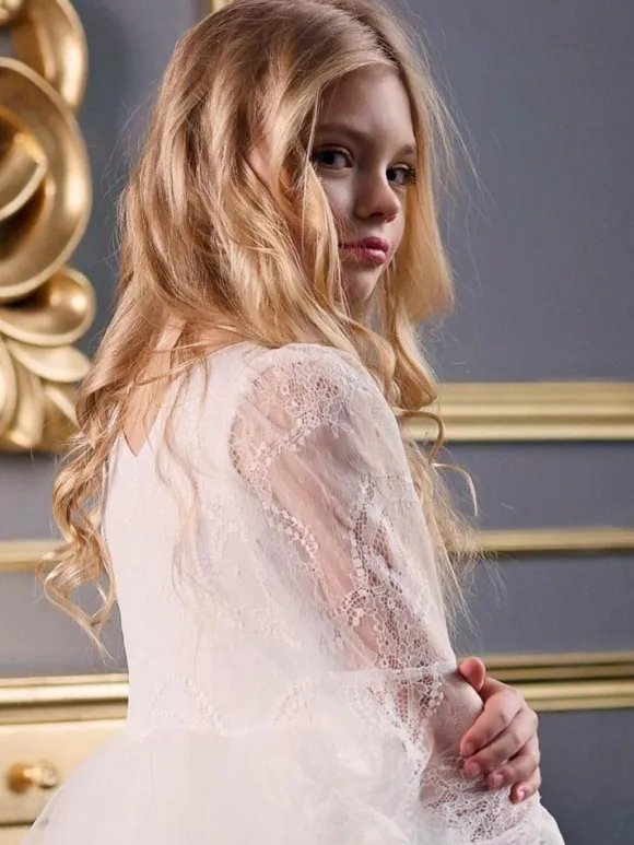 White Flower Girl Dresses V-Neck Long Sleeves Kids Social Party Dresses