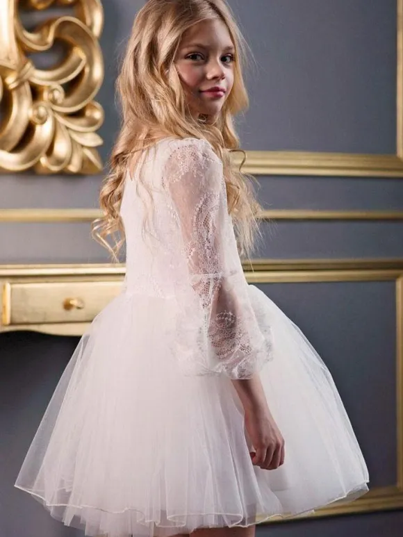 White Flower Girl Dresses V-Neck Long Sleeves Kids Social Party Dresses