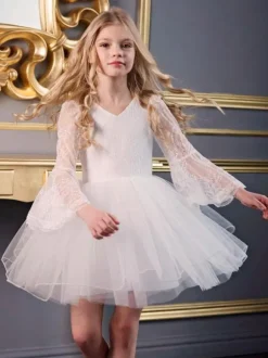 White Flower Girl Dresses V-Neck Long Sleeves Kids Social Party Dresses