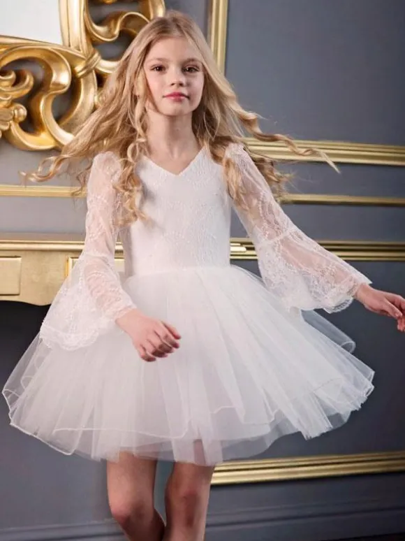 White Flower Girl Dresses V-Neck Long Sleeves Kids Social Party Dresses