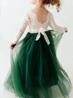 White Flower Girl Dresses Jewel Neck Long Sleeves Floor Length A Line Lace Kids Party Dresses