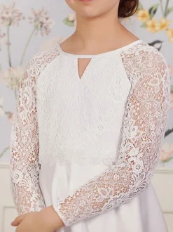 White Flower Girl Dresses Jewel Neck Long Sleeves Tea-Length A-Line Lace Kids Party Dresses