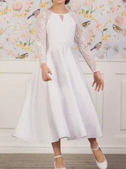 White Flower Girl Dresses Jewel Neck Long Sleeves Tea-Length A-Line Lace Kids Party Dresses