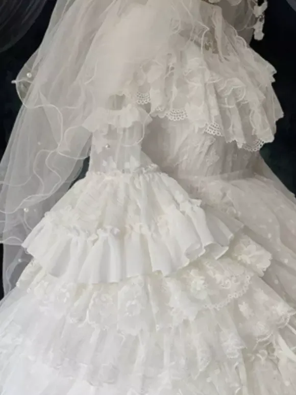 White Gothic Lolita Dresses Little Witch Long Sleeves One Piece Ruffles Lolita Dress