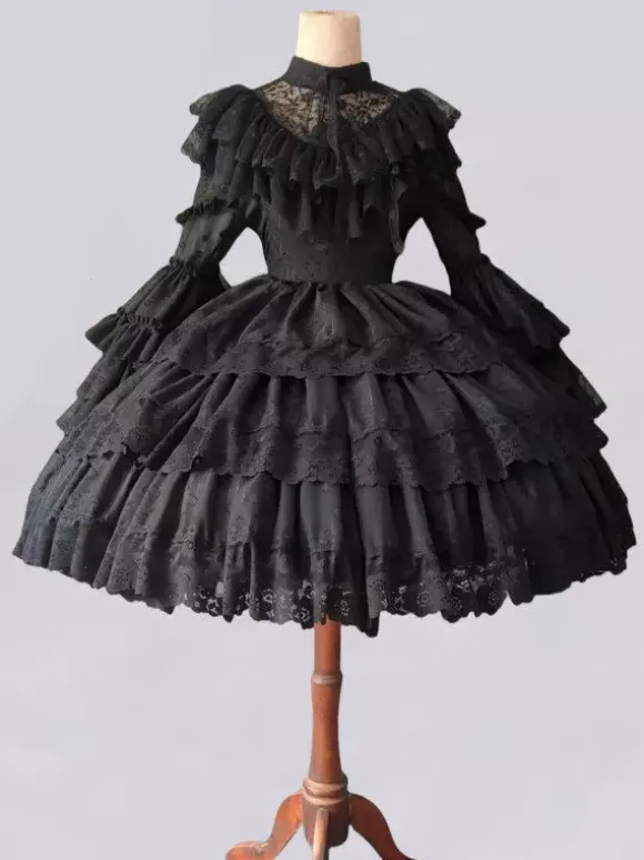 White Gothic Lolita Dresses Little Witch Long Sleeves One Piece Ruffles Lolita Dress