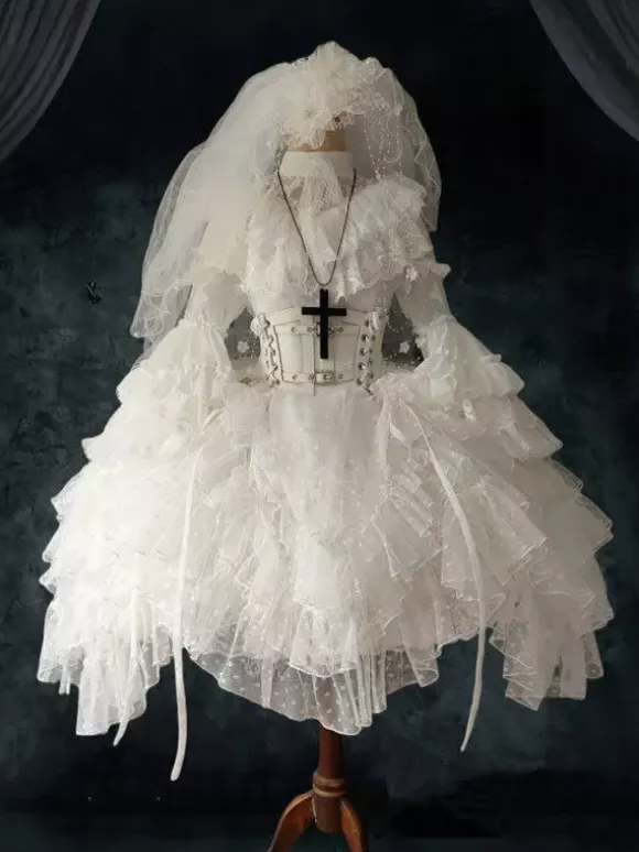 White Gothic Lolita Dresses Little Witch Long Sleeves One Piece Ruffles Lolita Dress