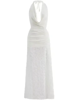 White Halter Neck Maxi Dress With 3D Flower Skirt 2026