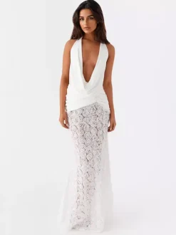 White Halter Neck Maxi Dress With 3D Flower Skirt 2026