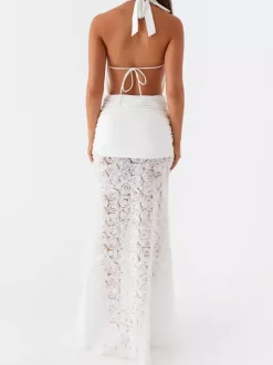 White Halter Neck Maxi Dress With 3D Flower Skirt 2026