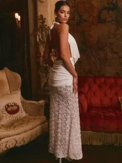 White Halter Neck Maxi Dress With 3D Flower Skirt 2026