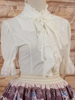 White High Collar Lolita Blouse Middle Sleeves with Ruffles