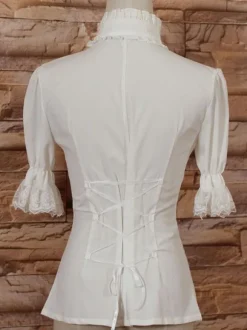 White High Collar Lolita Blouse Middle Sleeves with Ruffles