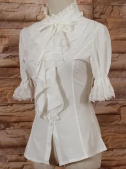 White High Collar Lolita Blouse Middle Sleeves with Ruffles