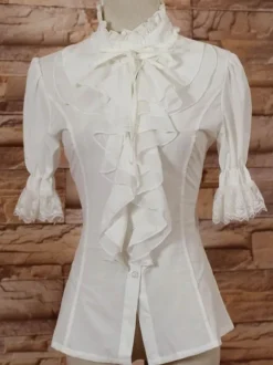 White High Collar Lolita Blouse Middle Sleeves with Ruffles