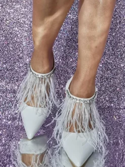 White High Heels Feather Detail Prom Shoes