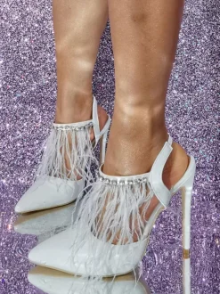 White High Heels Feather Detail Prom Shoes