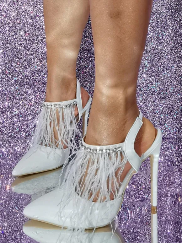 White High Heels Feather Detail Prom Shoes