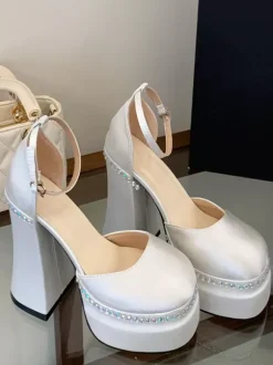 White High Heels Platform Square Toe Rhinstones Chunky Heel Ankle Strap Pumps