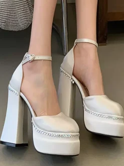 White High Heels Platform Square Toe Rhinstones Chunky Heel Ankle Strap Pumps