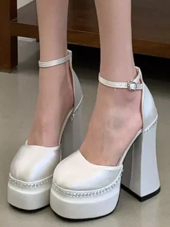 White High Heels Platform Square Toe Rhinstones Chunky Heel Ankle Strap Pumps