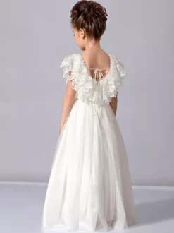 White  Ivory Tulle Sleeveless Jewel Neck 3D Boho Lace Flower Girl Dress