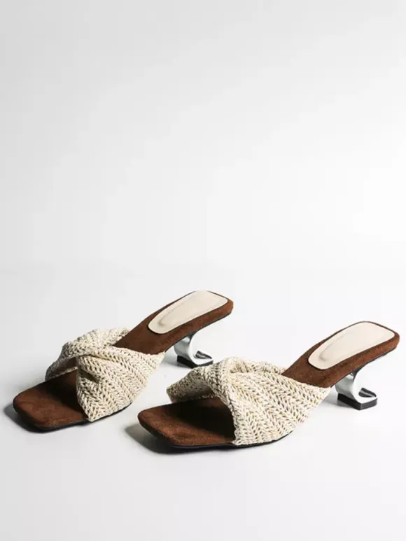 White Kitten Heel Sandal Slippers Knotted Open Toe Backless Sandals