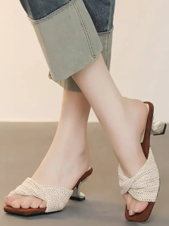 White Kitten Heel Sandal Slippers Knotted Open Toe Backless Sandals