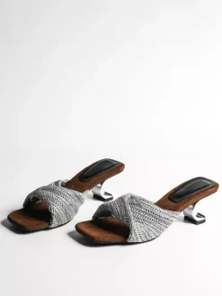 White Kitten Heel Sandal Slippers Knotted Open Toe Backless Sandals
