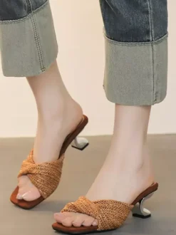 White Kitten Heel Sandal Slippers Knotted Open Toe Backless Sandals