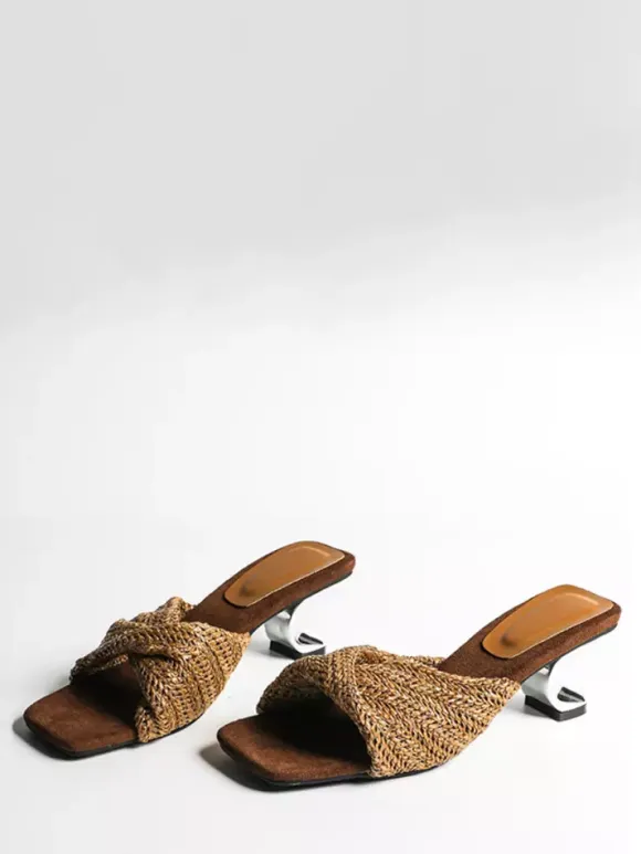 White Kitten Heel Sandal Slippers Knotted Open Toe Backless Sandals